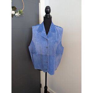Vintage Savannah Blue Genuine Leather Suede Button-Up Vest‎ With Back Tie - XL